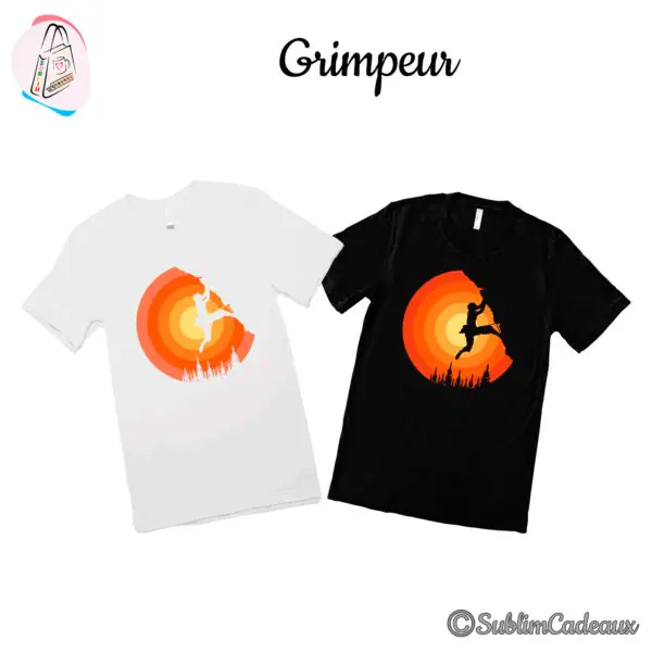 Silhouette de grimpeur sur un soleil couchant orangé et des sapins, imprimée sur tee-shirts blanc et noir