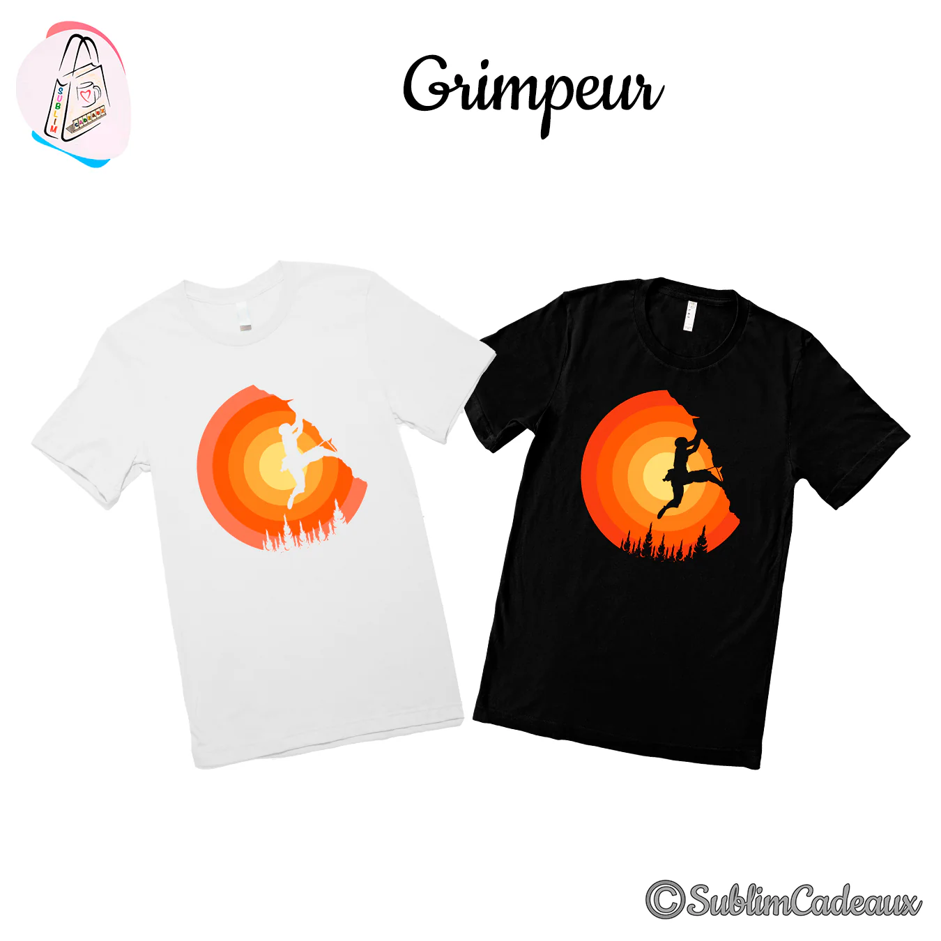 Silhouette de grimpeur sur un soleil couchant orangé et des sapins, imprimée sur tee-shirts blanc et noir