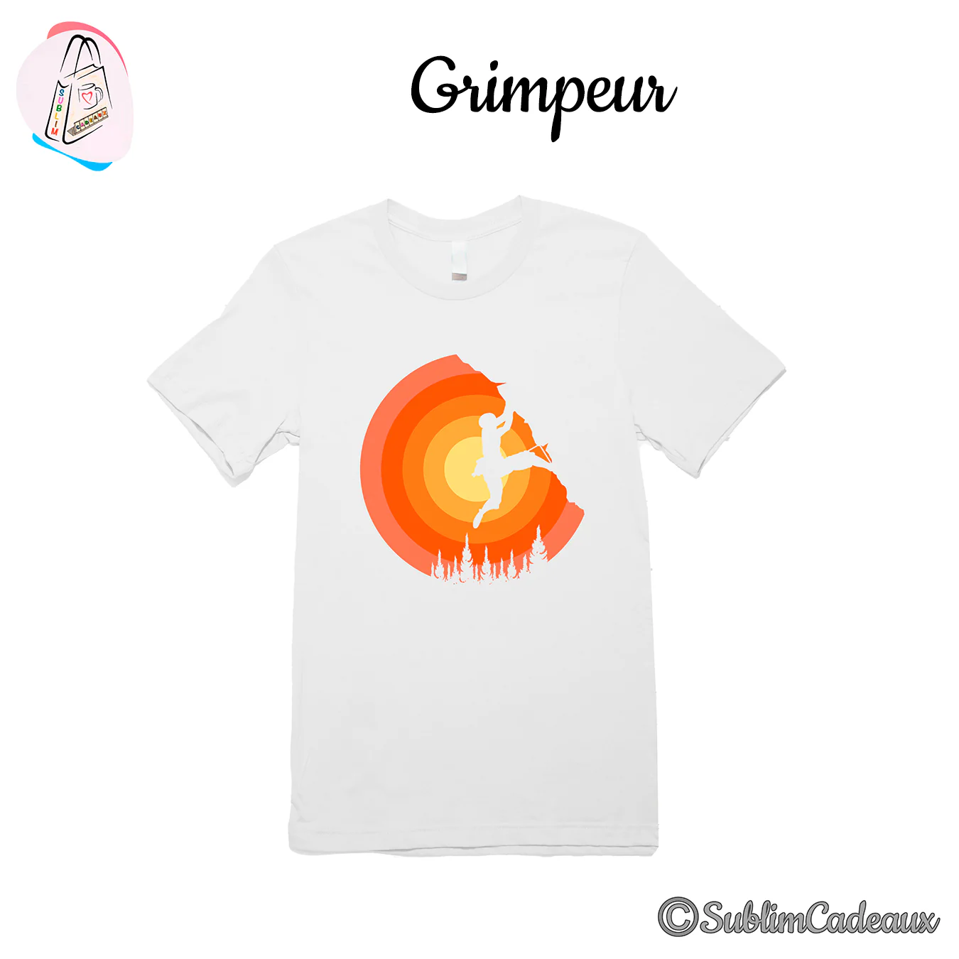 Tee-shirt blanc imprimé d'une silhouette de grimpeur sur une paroi, soleil orange en cercles et sapins