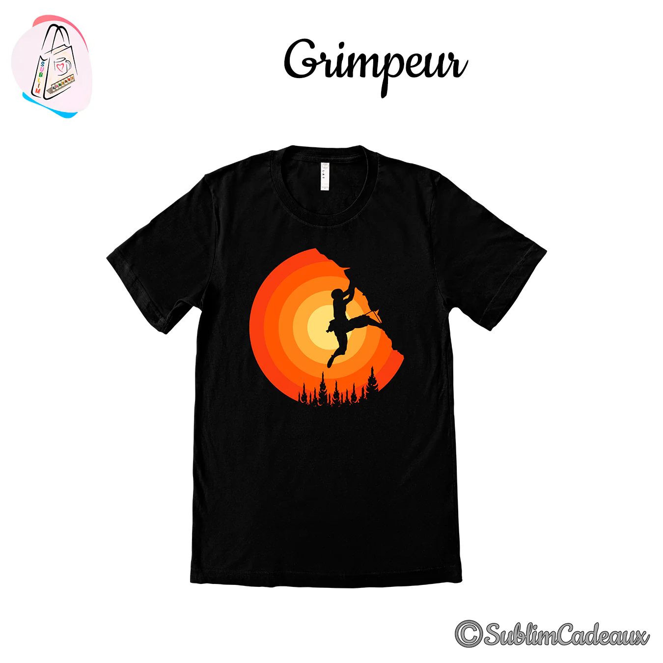Silhouette de grimpeur sur une paroi devant un soleil orangé en cercles, imprimée sur un tee-shirt noir