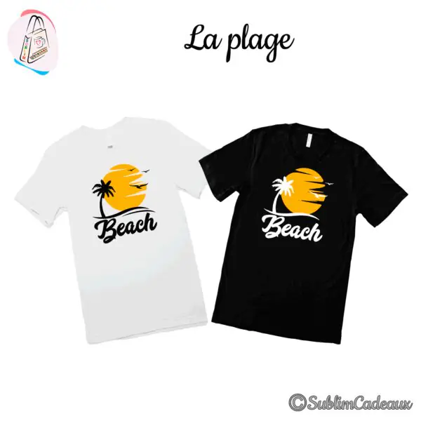 Tee-shirts blanc et noir imprimés d'un soleil jaune, palmier en silhouette, mouettes et mot Beach en script