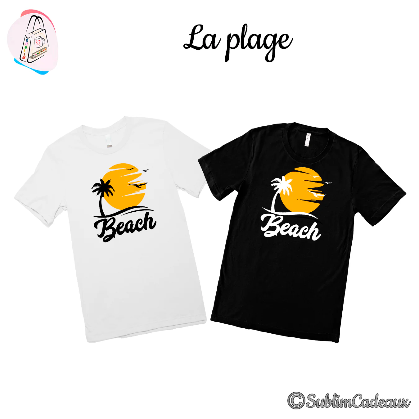 Tee-shirts blanc et noir imprimés d'un soleil jaune, palmier en silhouette, mouettes et mot Beach en script