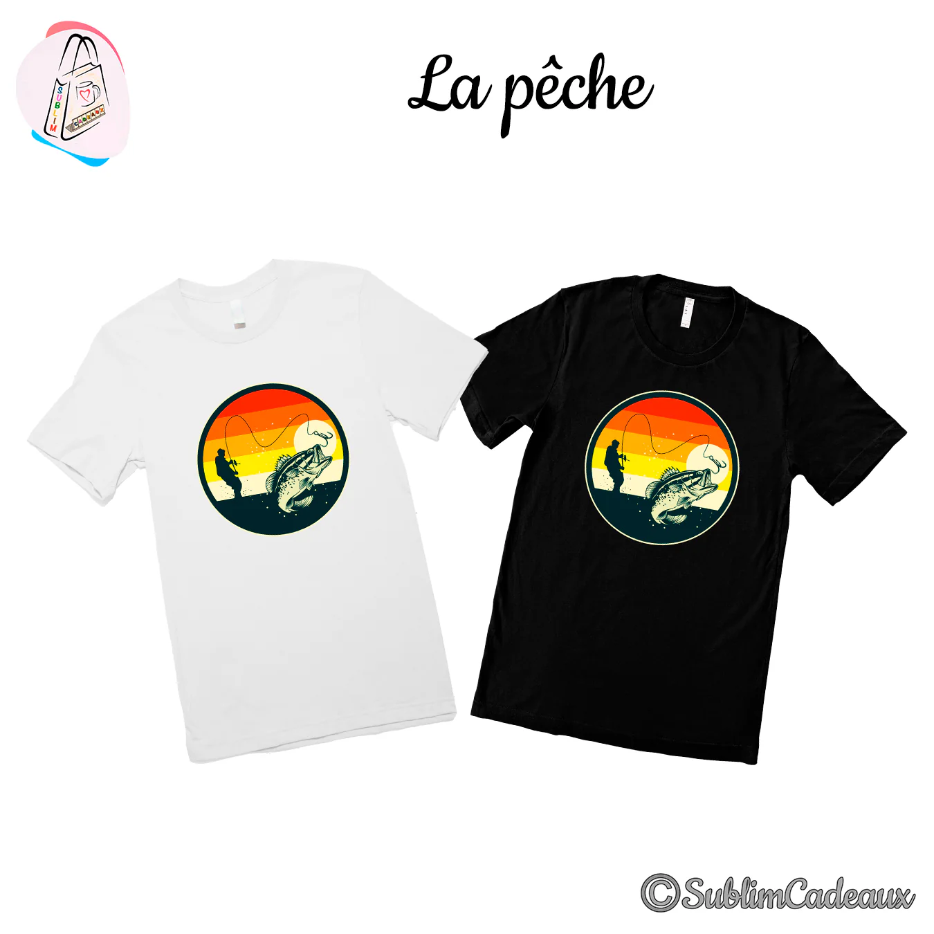 Tee-shirts blanc et noir imprimés d'un médaillon rétro : pêcheur en silhouette et gros poisson bondissant au soleil couchant