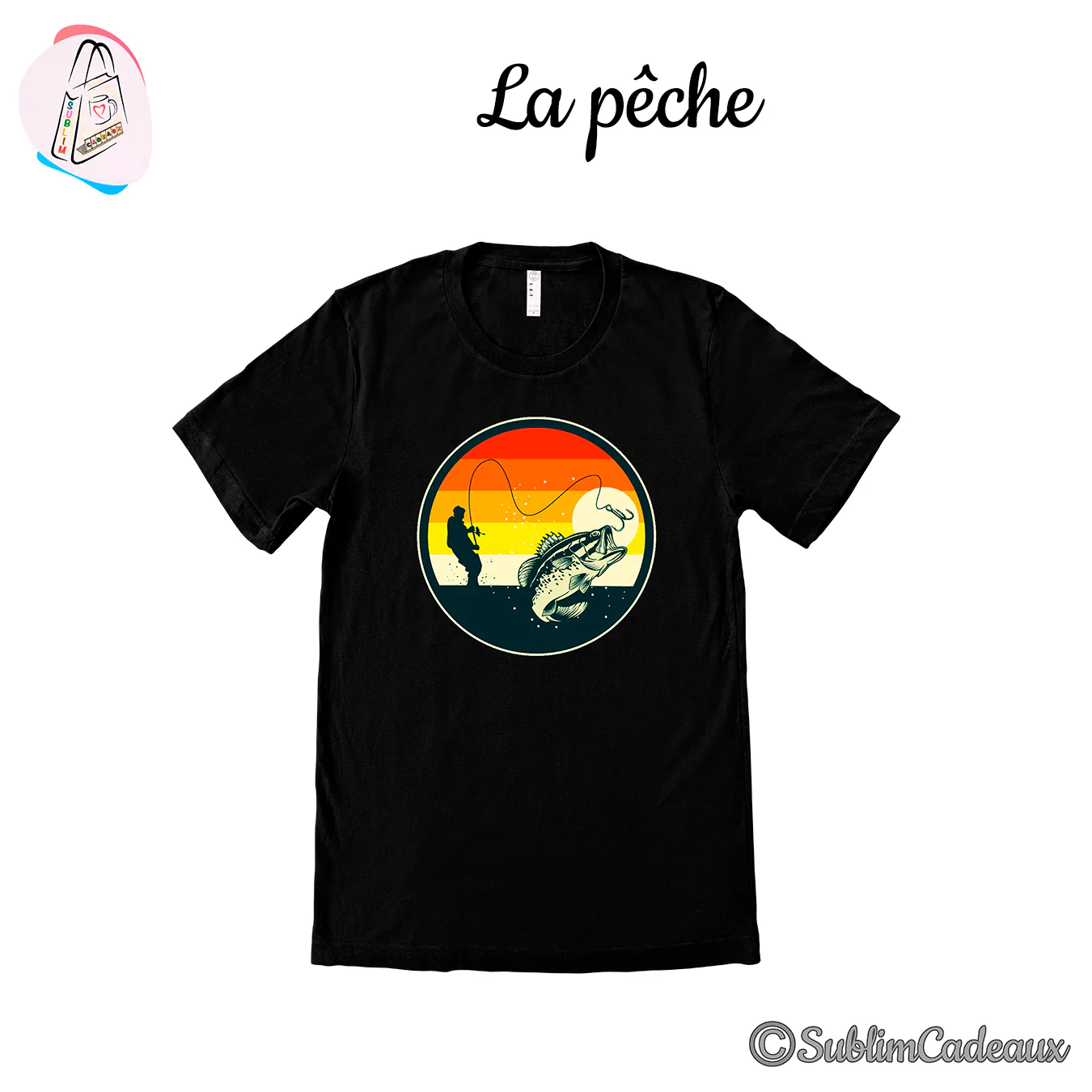 Pêcheur et poisson bondissant dans un médaillon aux bandes orange, imprimés sur un tee-shirt noir