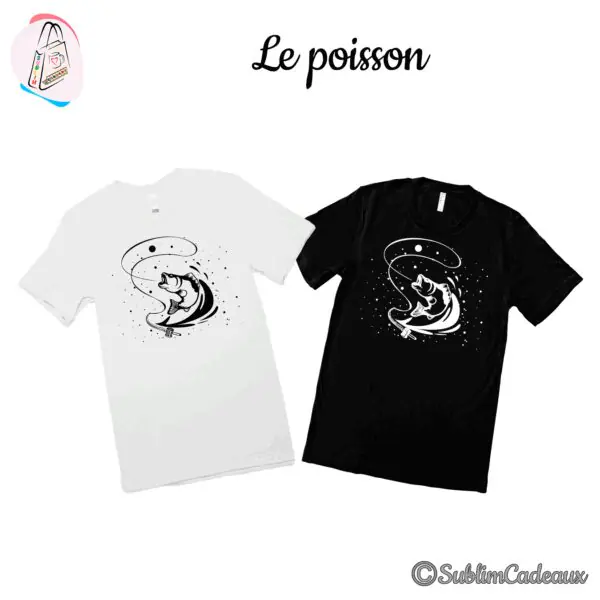 Poisson bondissant vers un hameçon avec canne à pêche et éclaboussures, imprimé en noir et blanc sur deux tee-shirts