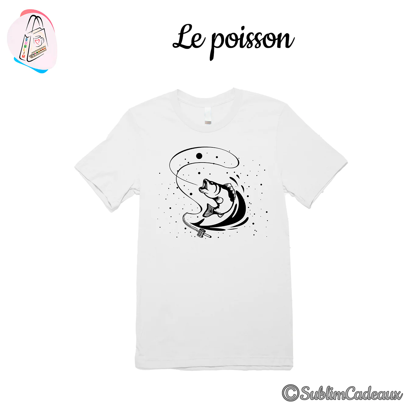 Tee-shirt blanc imprimé en noir d'un poisson bondissant hors de l'eau vers un leurre de pêche