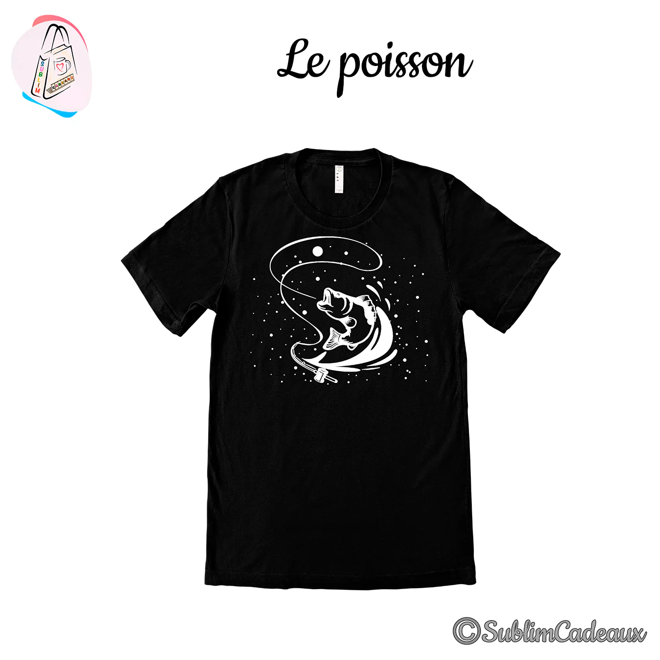 Poisson jaillissant de l'eau vers un leurre, dessin au trait blanc imprimé sur un tee-shirt noir