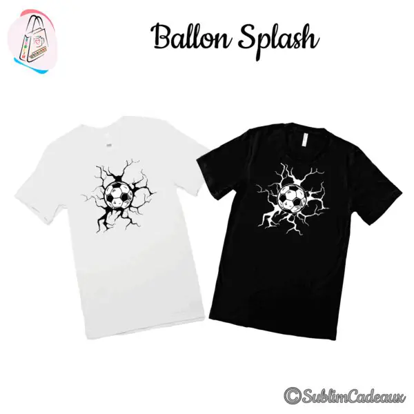 Tee-shirts blanc et noir imprimés d'un ballon de football traversant un mur fissuré, dessin en noir et blanc