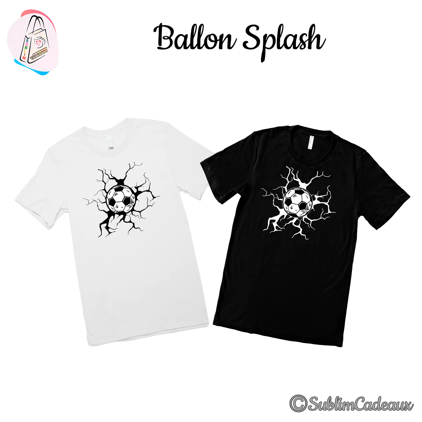 Tee-shirts blanc et noir imprimés d'un ballon de football traversant un mur fissuré, dessin en noir et blanc