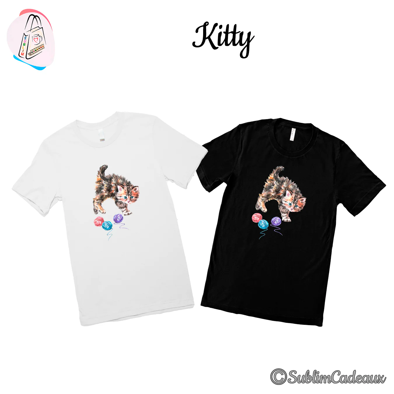 Tee-shirts blanc et noir imprimés d'un chaton tigré à l'aquarelle jouant avec des pelotes de laine rouge, bleue et violette