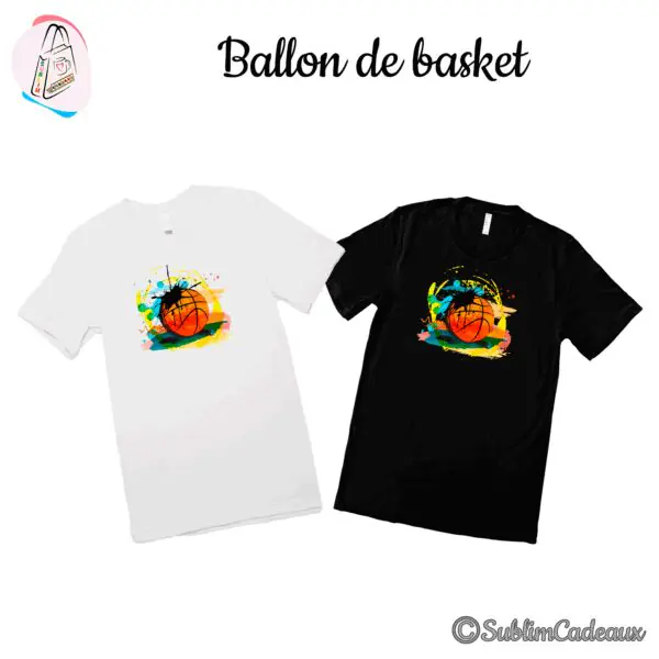 Tee-shirts blanc et noir imprimés d'un ballon de basket orange entouré d'éclaboussures de peinture multicolores