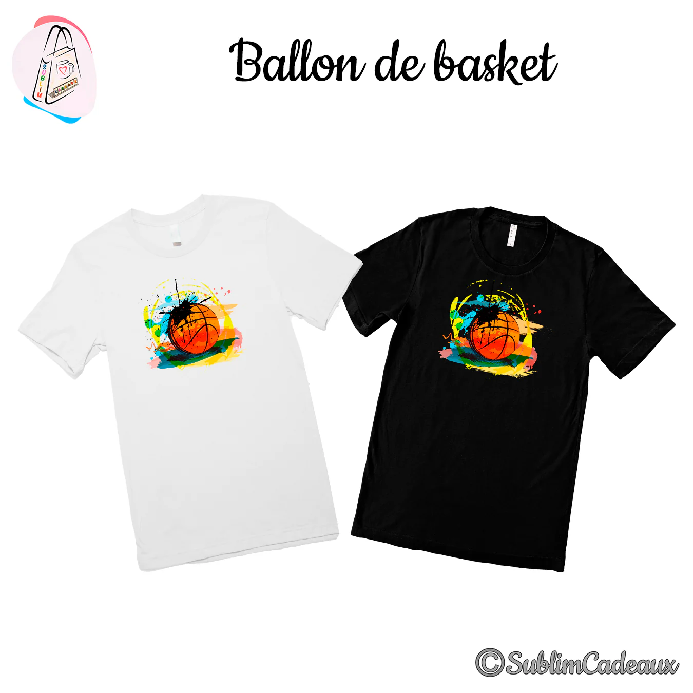 Tee-shirts blanc et noir imprimés d'un ballon de basket orange entouré d'éclaboussures de peinture multicolores