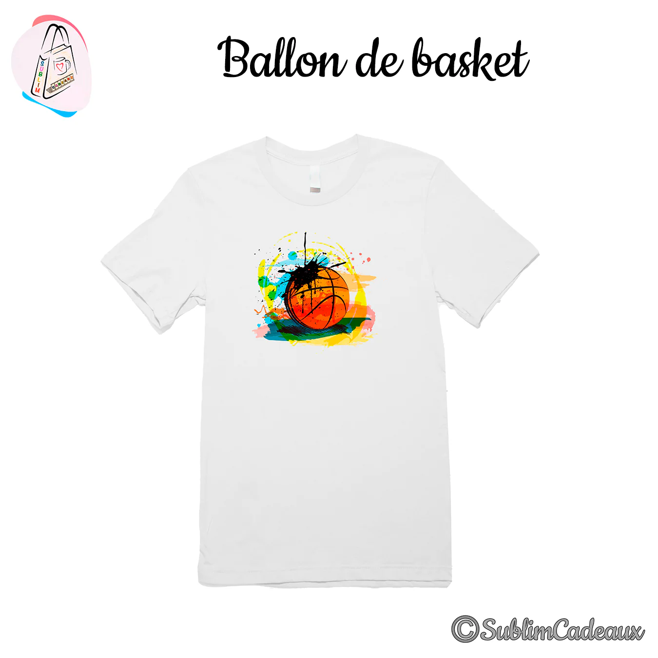 Tee-shirt blanc imprimé d'un ballon de basket orange entouré d'éclaboussures de peinture colorées