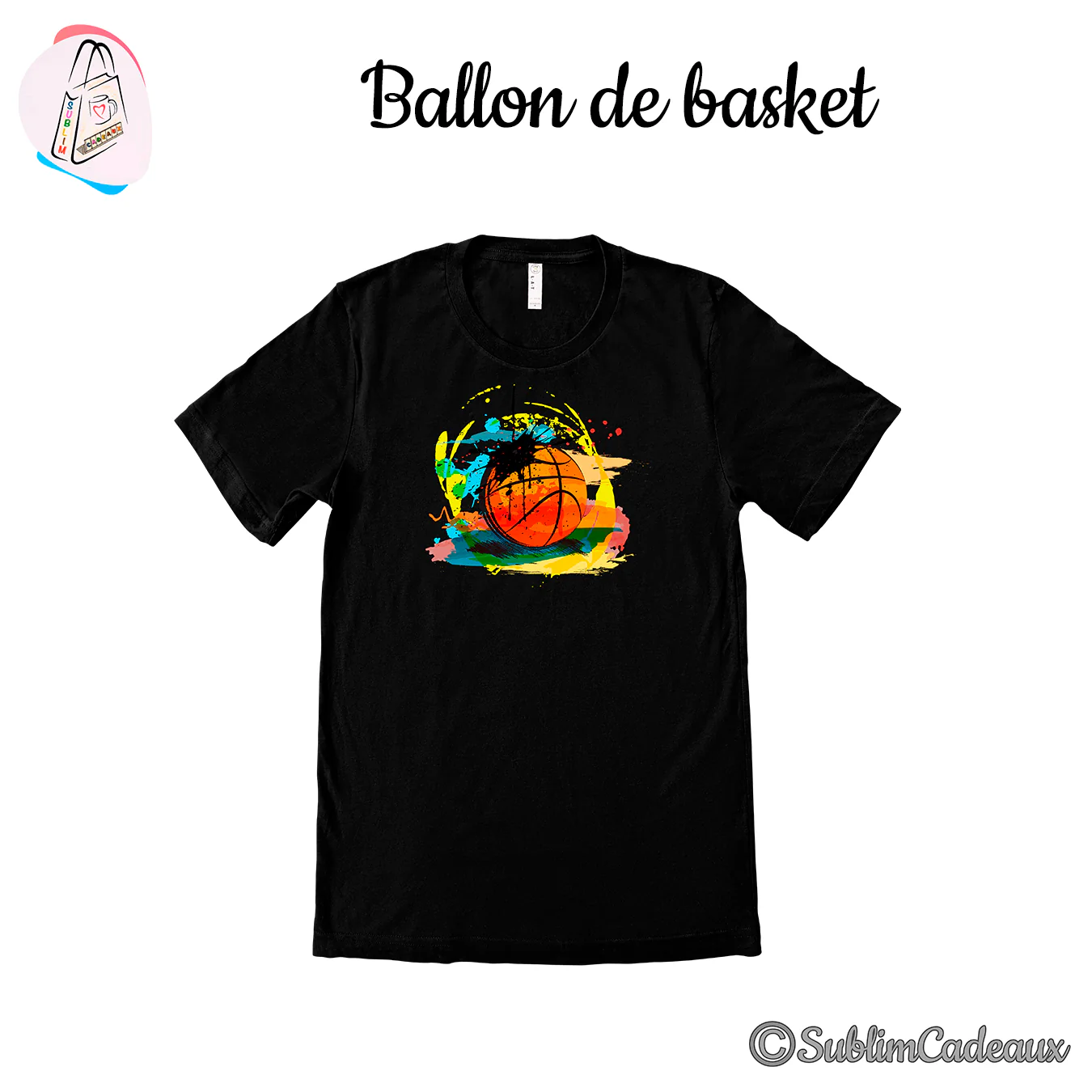 Ballon de basket orange et éclaboussures de peinture colorées imprimés sur un tee-shirt noir