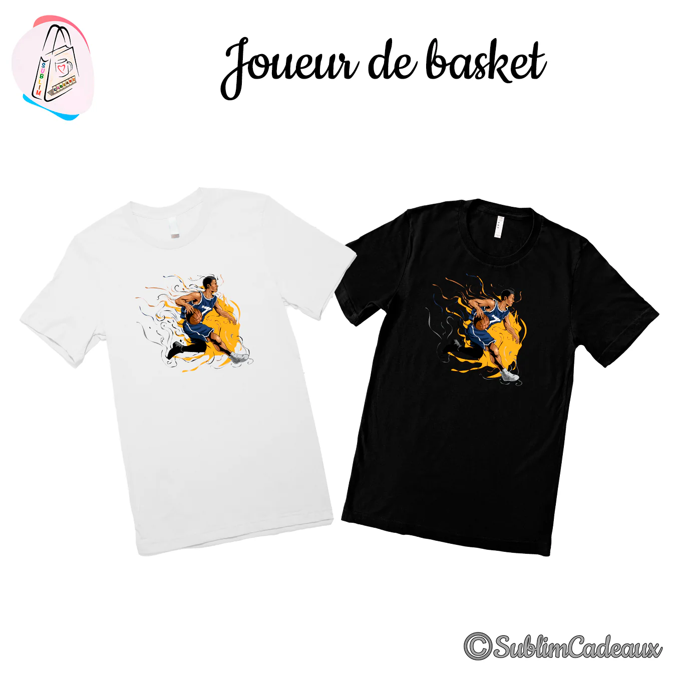 Tee-shirts blanc et noir imprimés d'un basketteur en maillot bleu dribblant dans des volutes de flammes jaunes