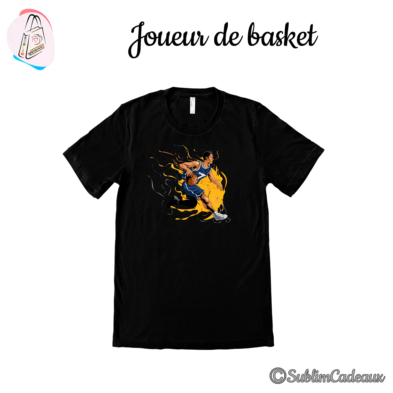 Joueur de basket en maillot bleu en plein dribble, volutes orange, imprimé sur un tee-shirt noir