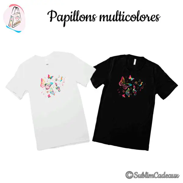 Papillons multicolores, clé de sol et notes de musique imprimés sur deux tee-shirts, un blanc et un noir