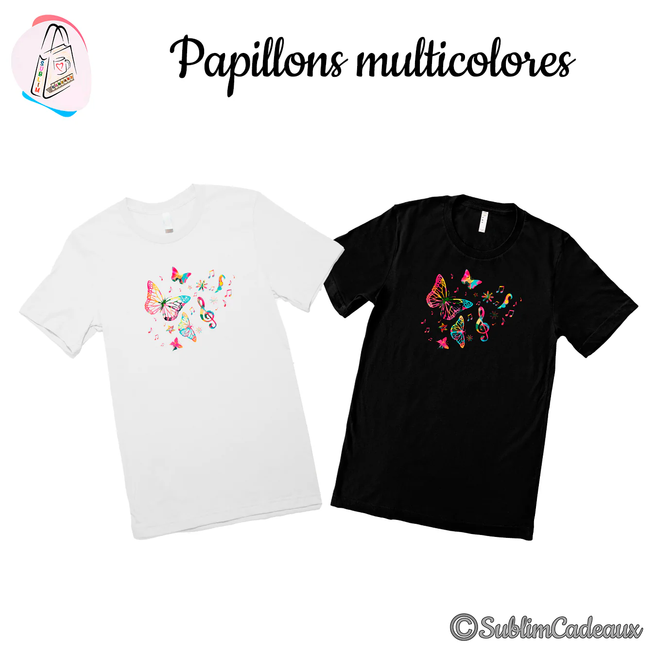 Papillons multicolores, clé de sol et notes de musique imprimés sur deux tee-shirts, un blanc et un noir