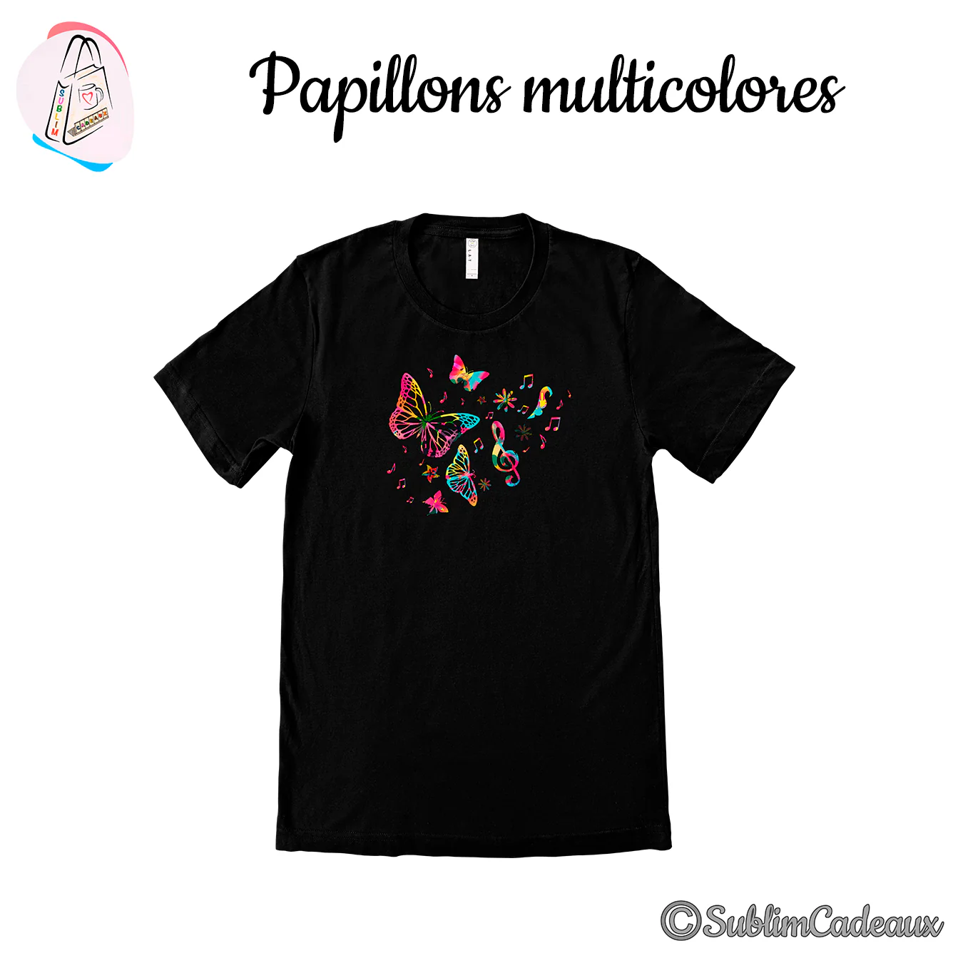 Papillons multicolores, notes de musique et clé de sol imprimés sur un tee-shirt noir