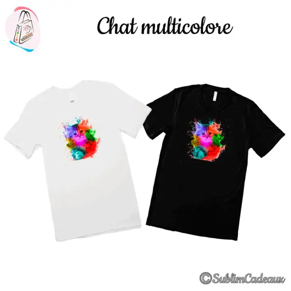 Tee-shirts blanc et noir imprimés d'un chaton duveteux aux couleurs vives façon éclaboussures arc-en-ciel
