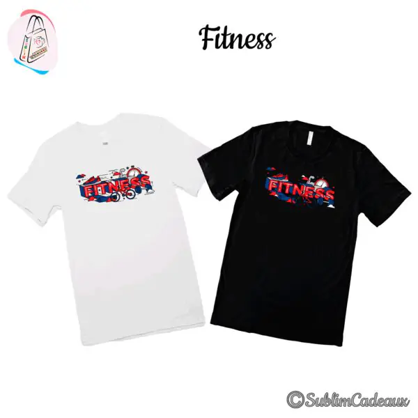 Tee-shirts blanc et noir imprimés du mot Fitness en rouge, entouré d'une basket, d'un vélo, d'un haltère et d'un chronomètre