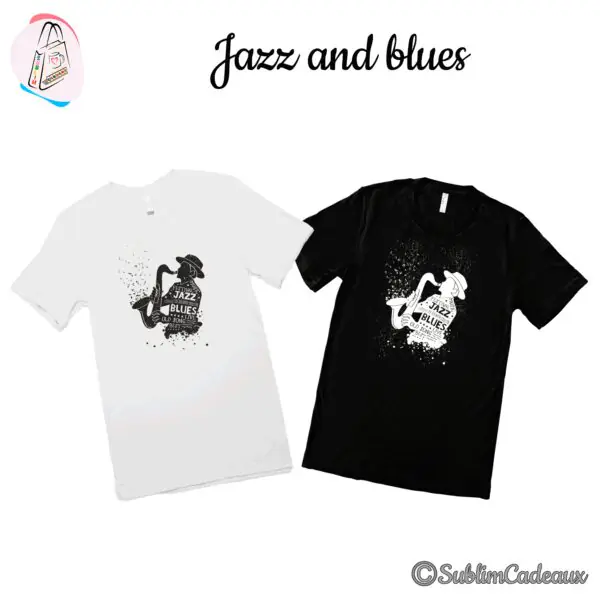 Tee-shirts blanc et noir imprimés d'un saxophoniste en silhouette coiffé d'un chapeau et des mentions Jazz and Blues