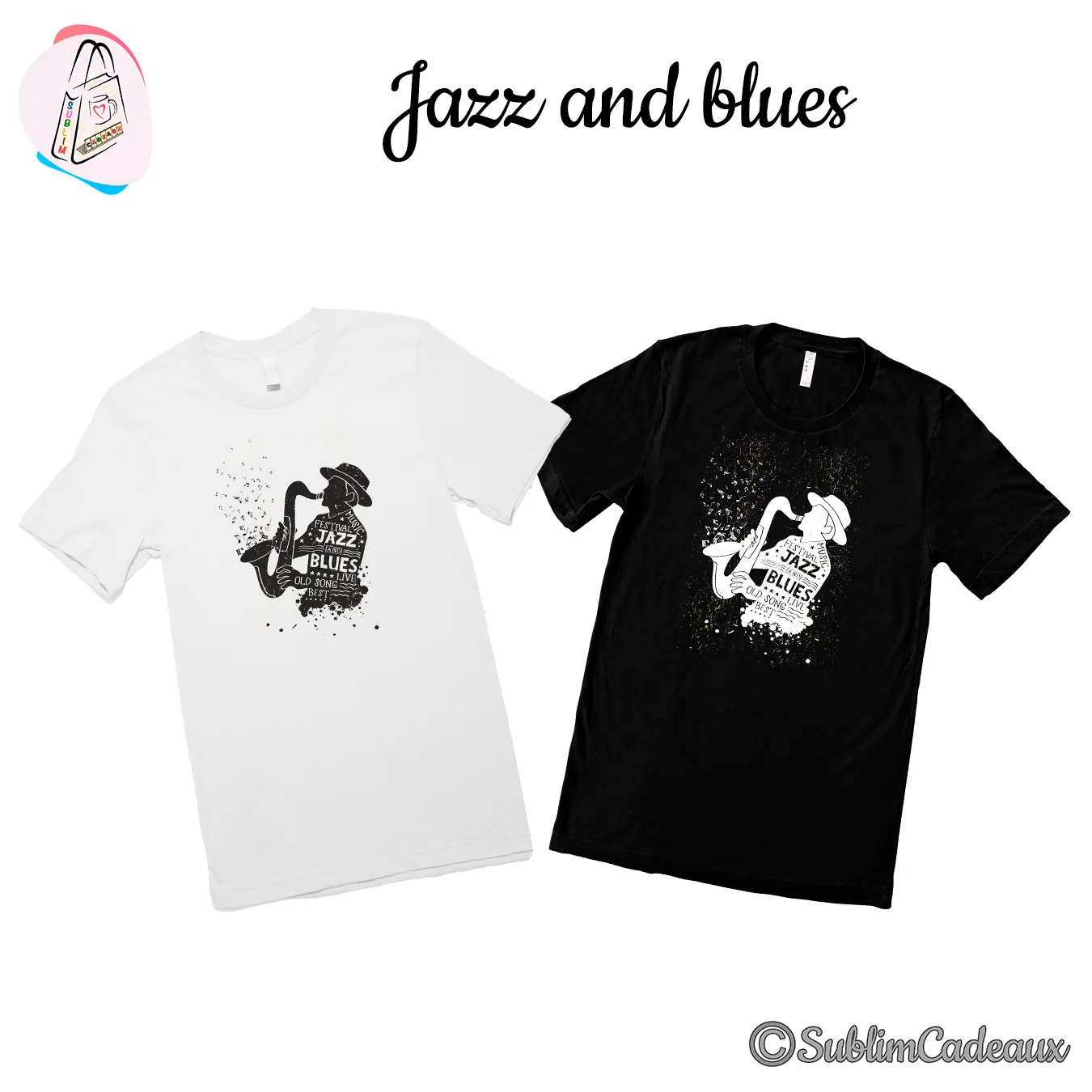 Tee-shirts blanc et noir imprimés d'un saxophoniste en silhouette coiffé d'un chapeau et des mentions Jazz and Blues