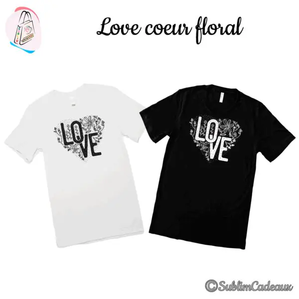 Tee-shirts blanc et noir imprimés du mot Love en lettres formant un cœur de fleurs et feuillages, trait noir et blanc