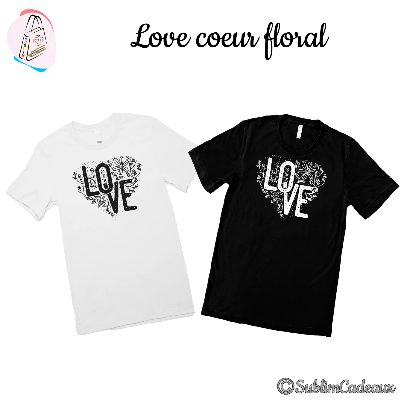Tee-shirts blanc et noir imprimés du mot Love en lettres formant un cœur de fleurs et feuillages, trait noir et blanc