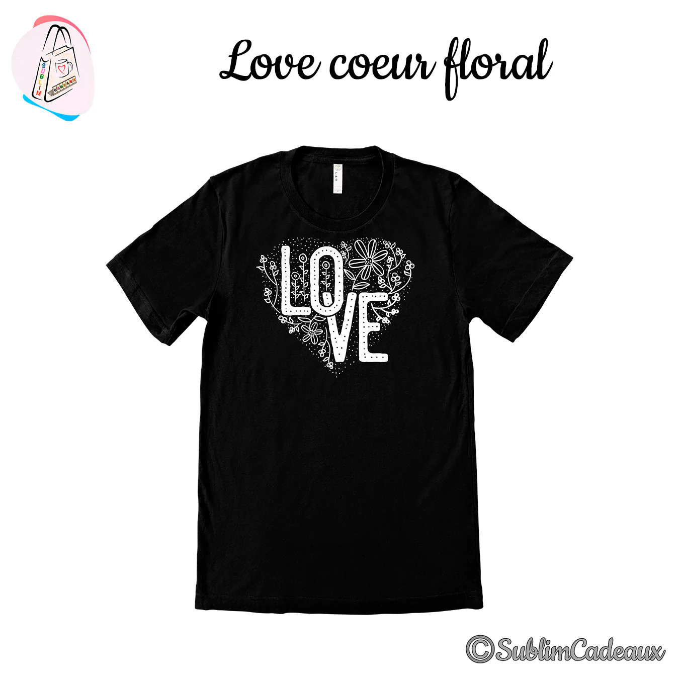 Tee-shirt noir imprimé en blanc du mot Love dans un cœur de fleurs et de rameaux