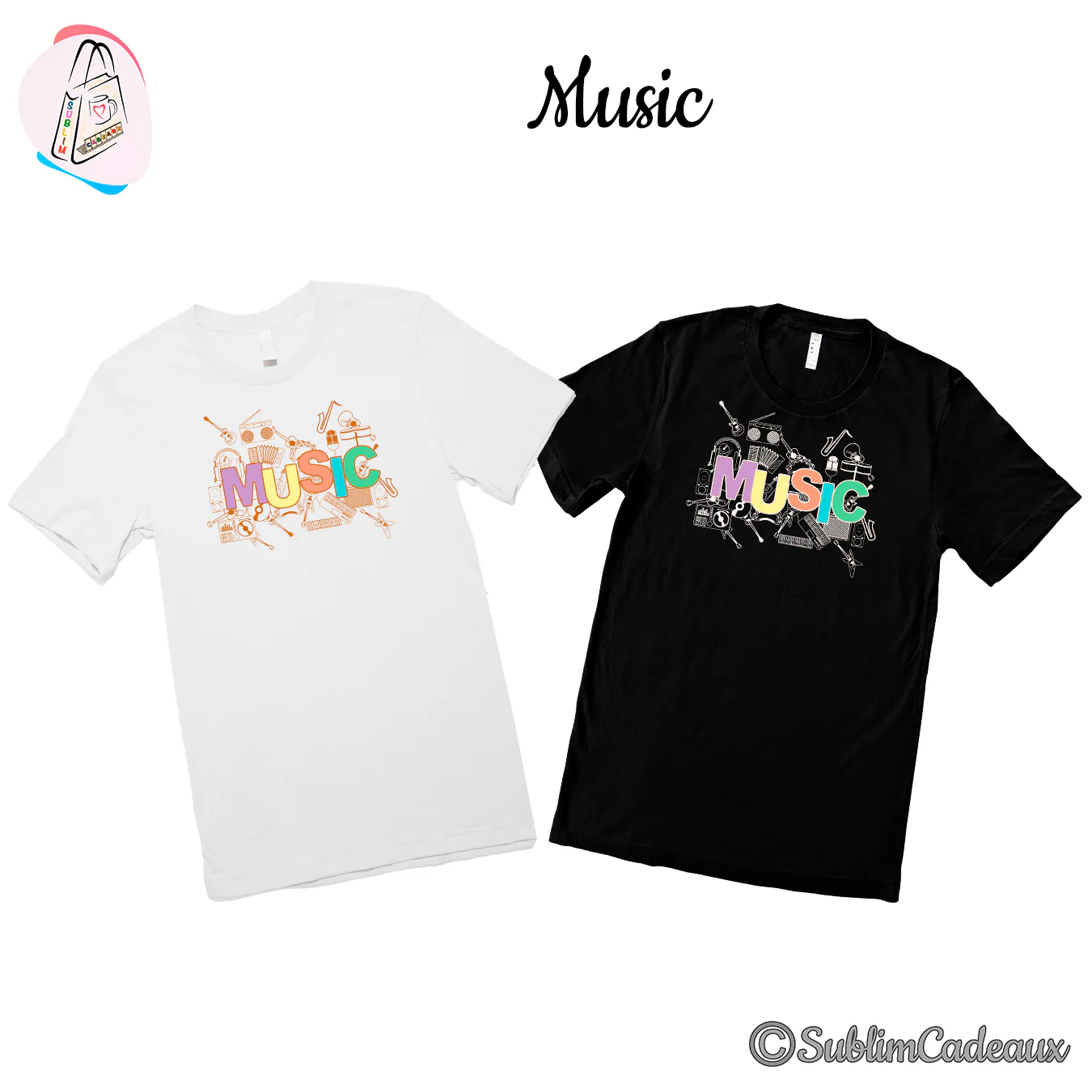 Mot Music en lettres pastel entouré d'instruments de musique, imprimé sur tee-shirts blanc et noir