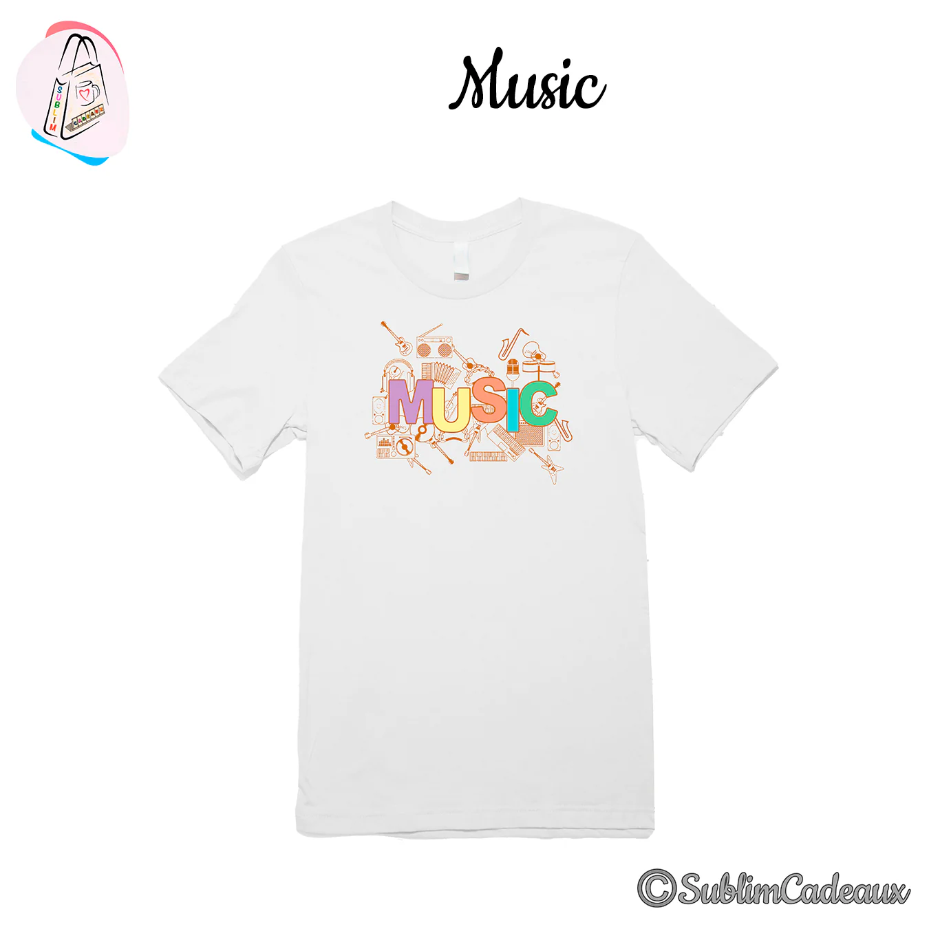 Tee-shirt blanc imprimé du mot Music en lettres colorées, entouré d'instruments de musique dessinés