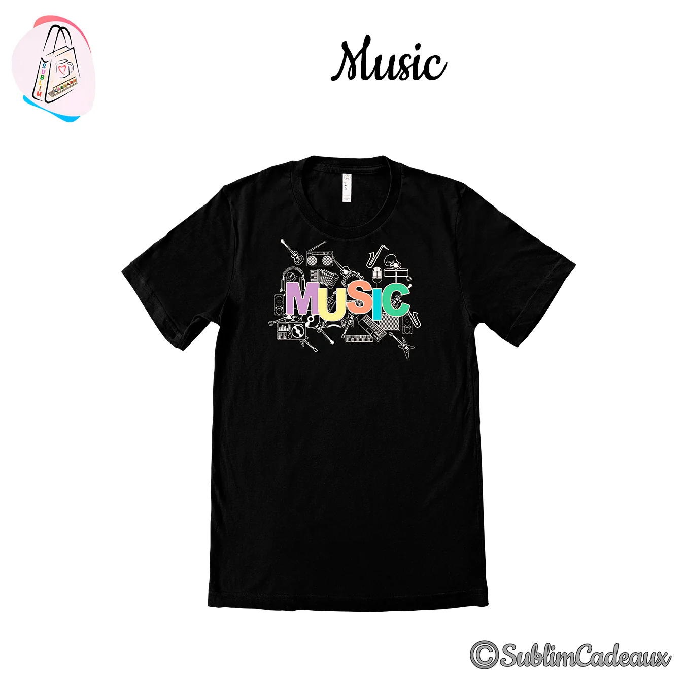 Tee-shirt noir imprimé du mot Music en lettres pastel, cerné d'instruments de musique en traits blancs