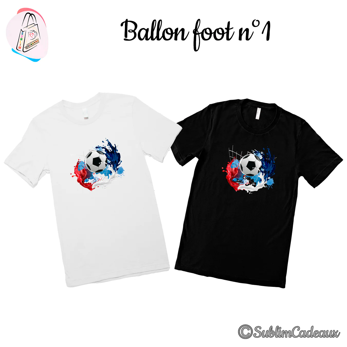 Tee-shirts blanc et noir imprimés d'un ballon de football avec éclaboussures bleu, blanc et rouge