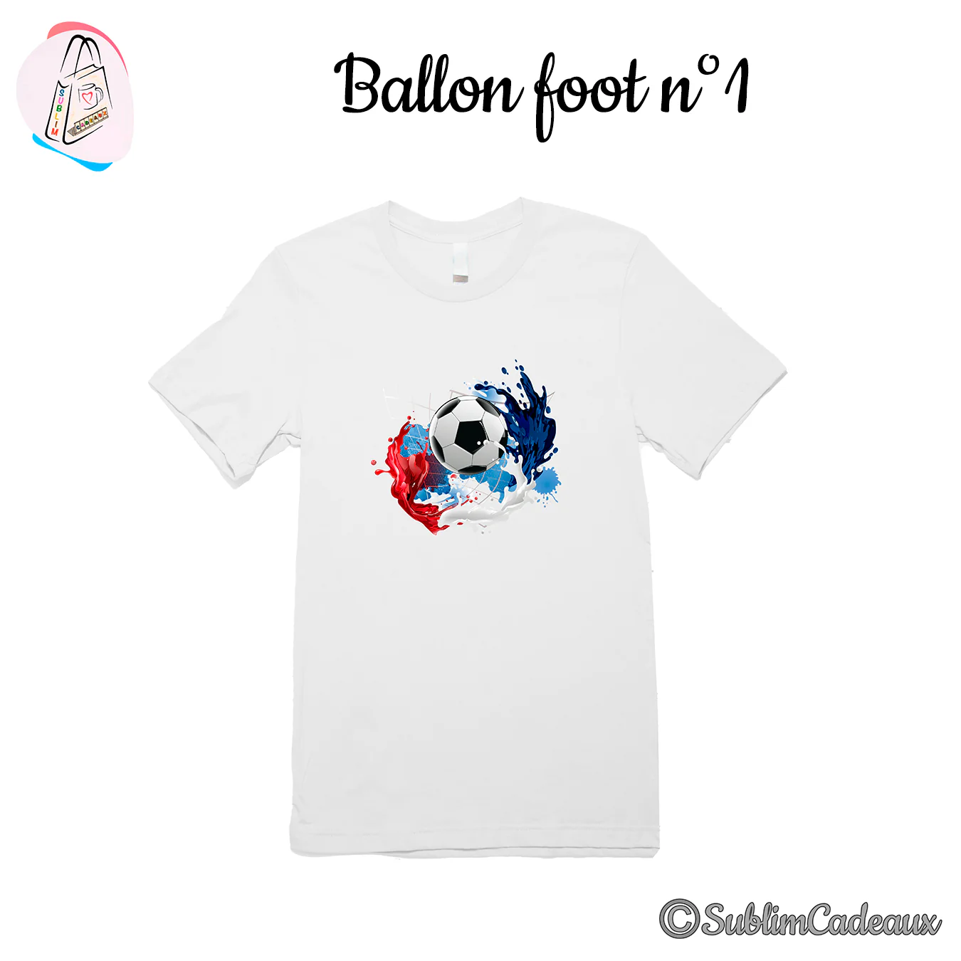 Tee-shirt blanc imprimé d'un ballon de football entouré d'éclaboussures bleu, blanc et rouge