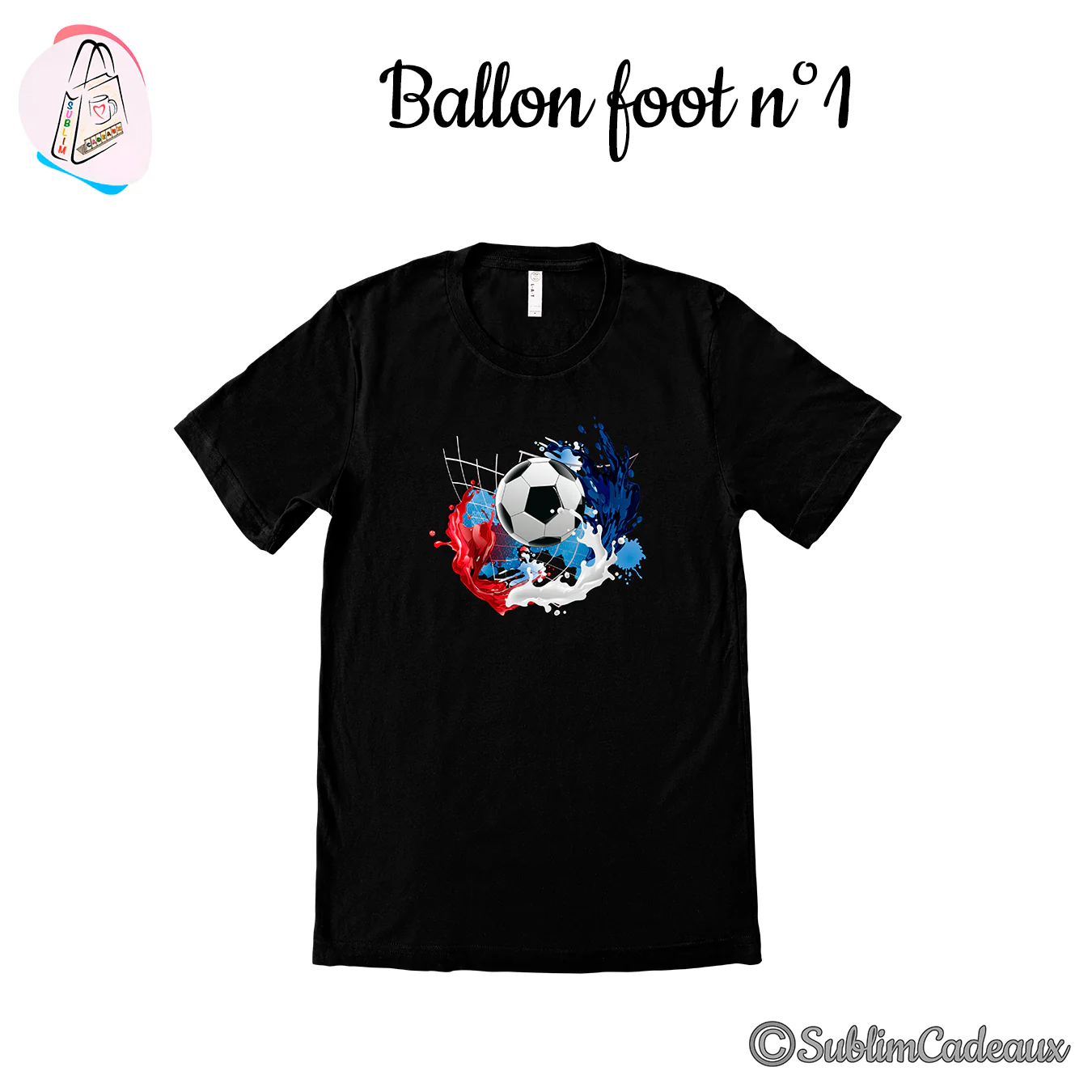 Tee-shirt noir imprimé d'un ballon de foot dans une gerbe de peinture bleu, blanc et rouge