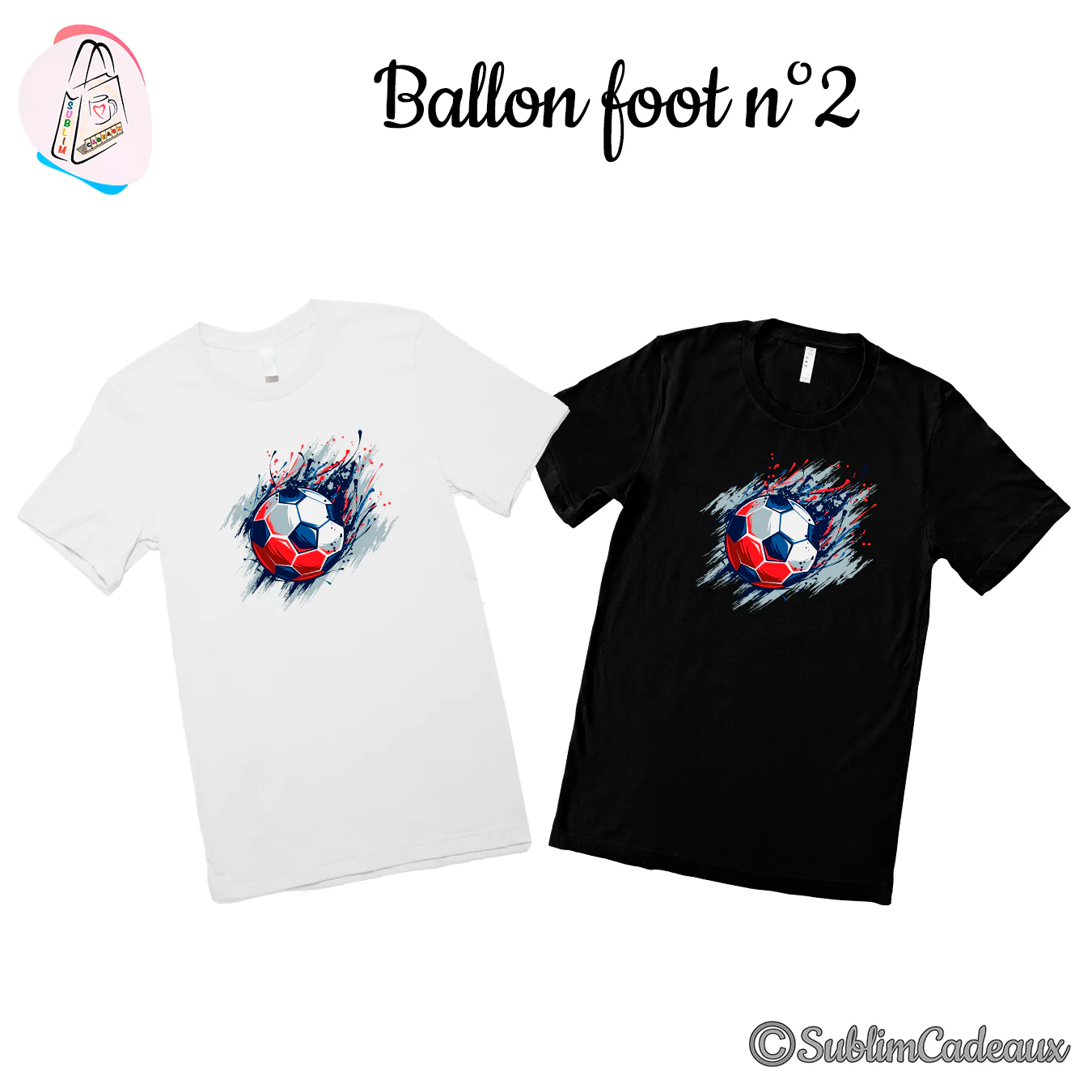 Tee-shirts blanc et noir imprimés d'un ballon de football aux couleurs bleu, blanc et rouge dans des éclats de peinture