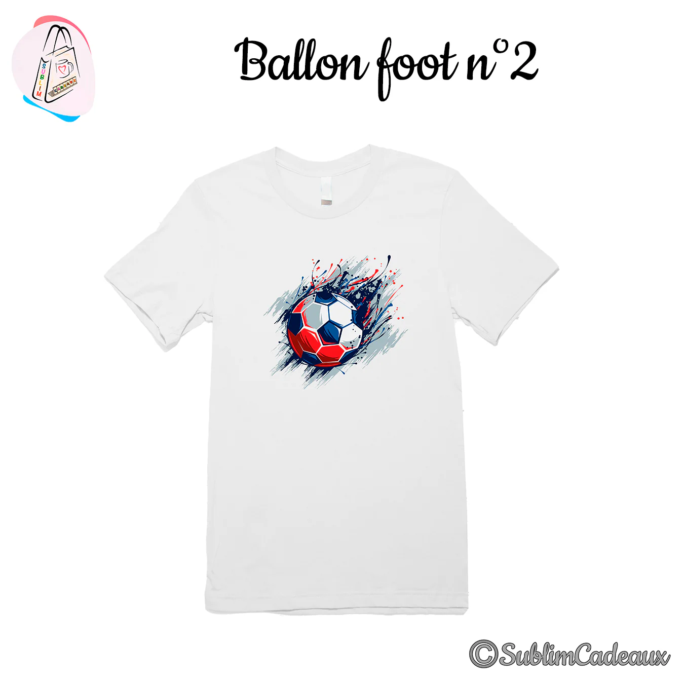 Tee-shirt blanc imprimé d'un ballon de football stylisé, éclaboussures rouge, bleu et gris