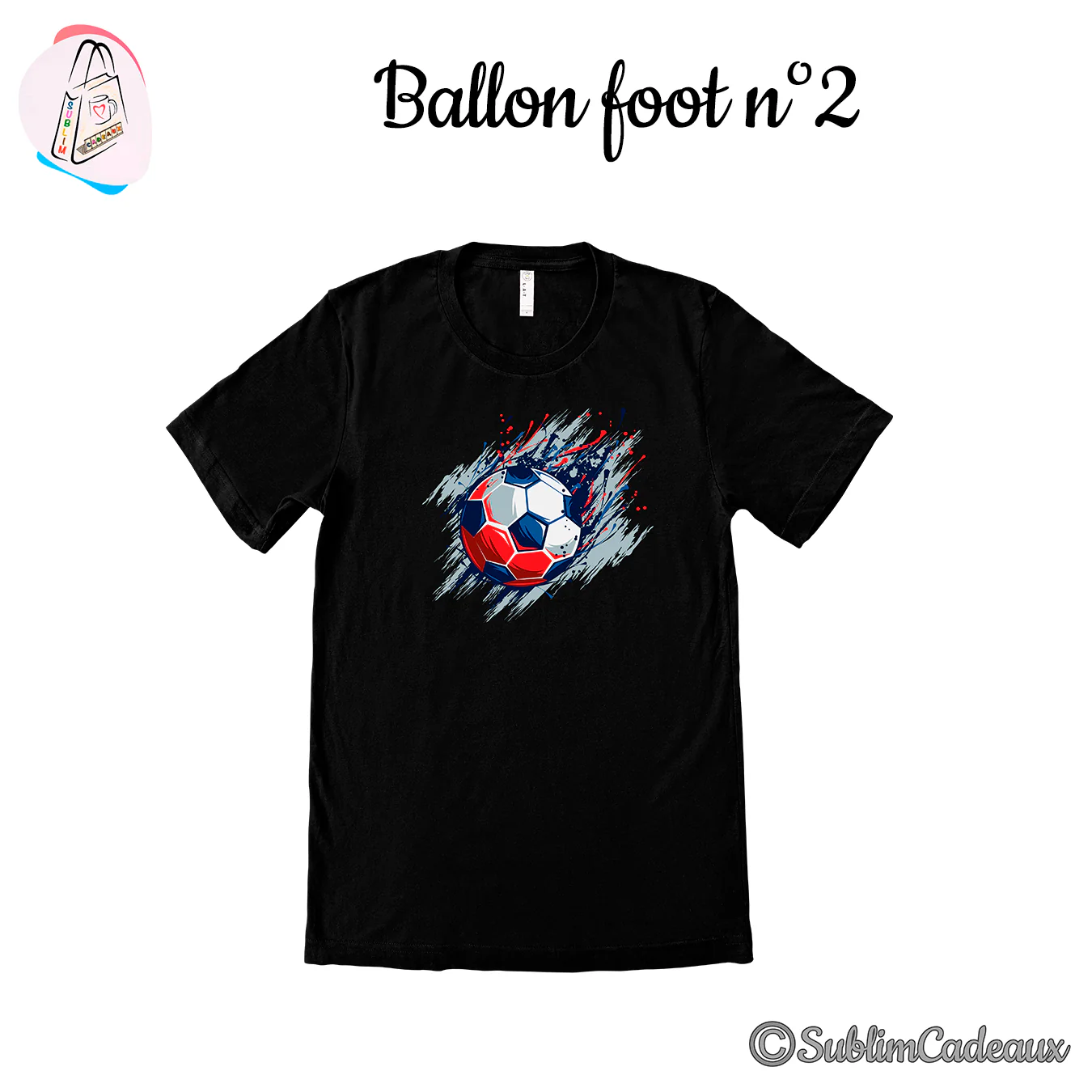 Tee-shirt noir imprimé d'un ballon de foot dessiné, jaillissement de peinture rouge et bleu