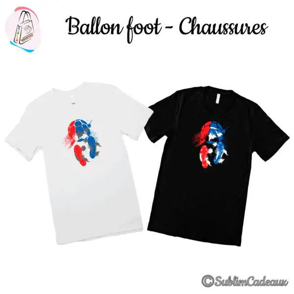 Tee-shirts blanc et noir imprimés d'un ballon et d'une chaussure de football façon peinture bleu, blanc et rouge