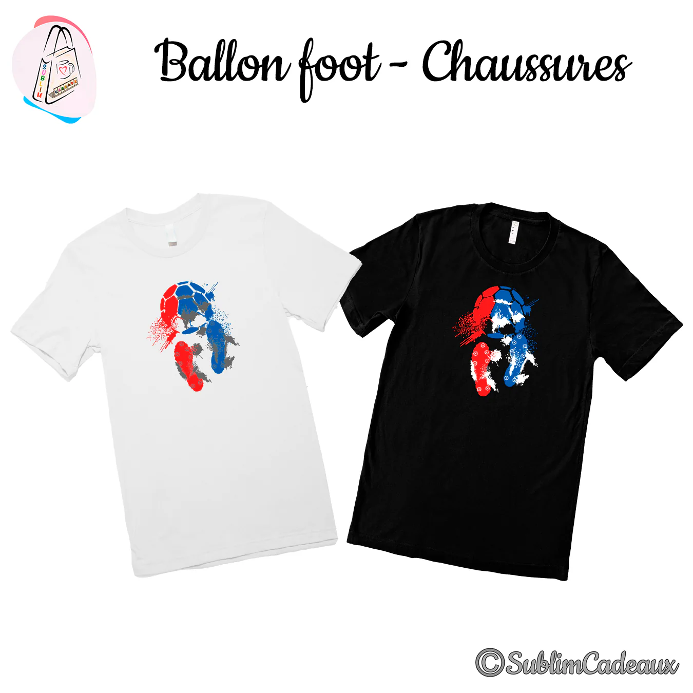 Tee-shirts blanc et noir imprimés d'un ballon et d'une chaussure de football façon peinture bleu, blanc et rouge