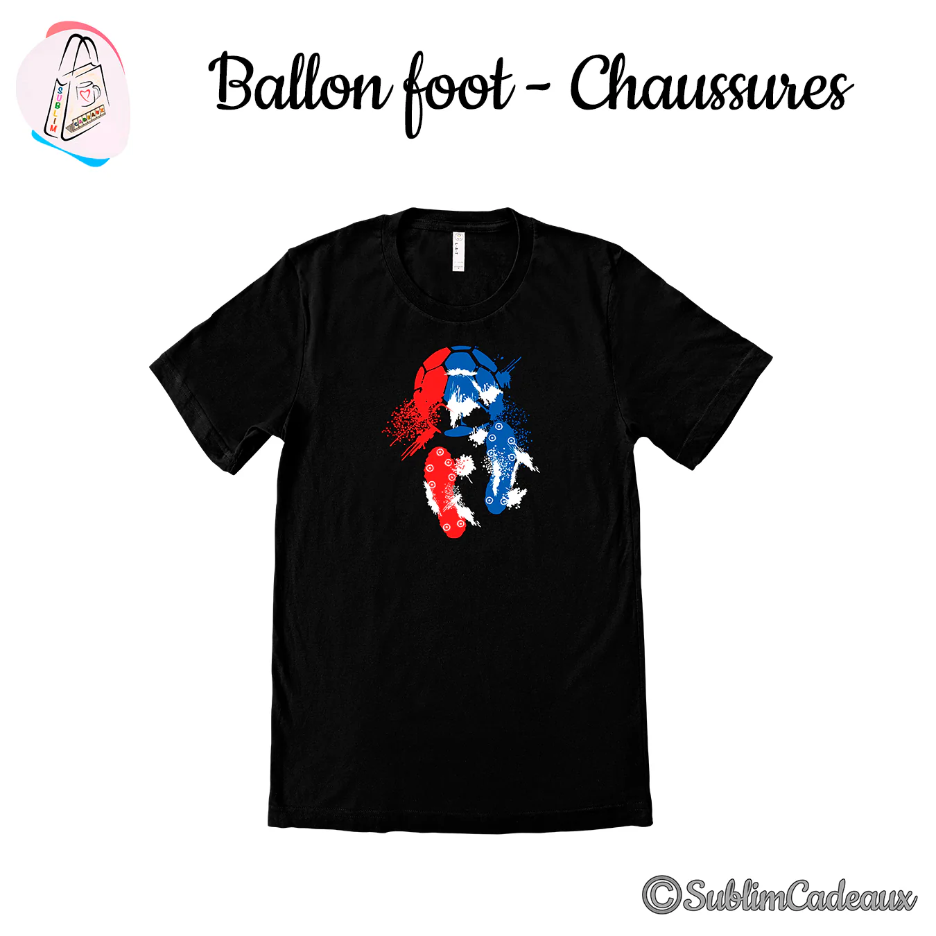 Tee-shirt noir imprimé d'un ballon de foot et d'empreintes de crampons rouge, blanc et bleu