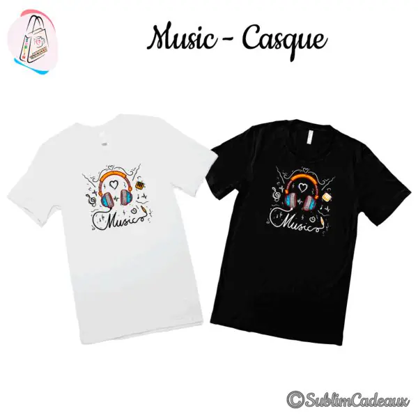 Tee-shirts blanc et noir imprimés d'un casque audio orange et bleu, avec cœur, notes et mot Music en script