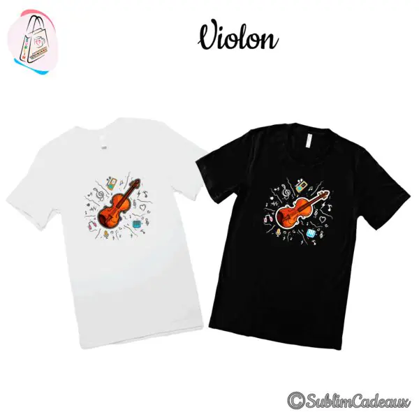 Tee-shirts blanc et noir imprimés d'un violon façon dessin entouré de notes, clés de sol et petites icônes musicales
