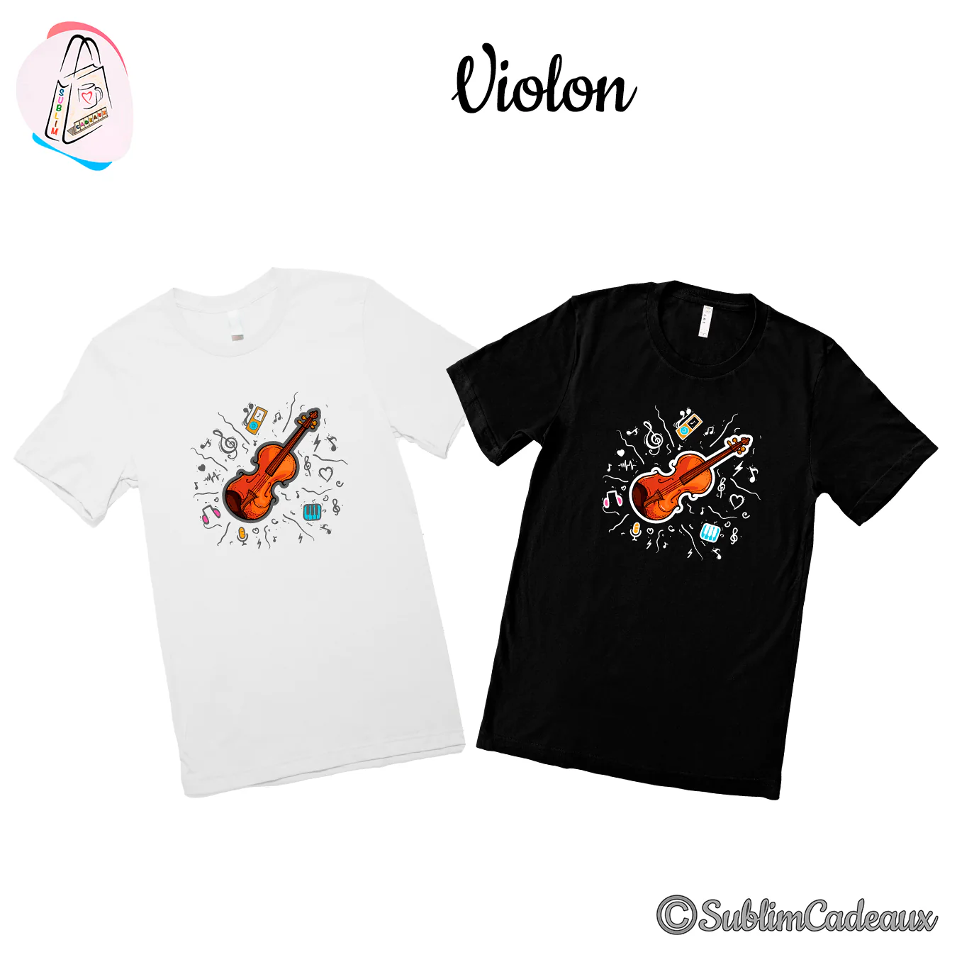 Tee-shirts blanc et noir imprimés d'un violon façon dessin entouré de notes, clés de sol et petites icônes musicales