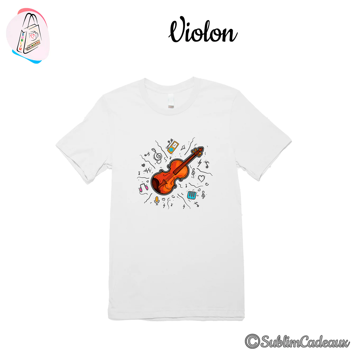 Tee-shirt blanc imprimé d'un violon orangé entouré de notes, clé de sol et petits instruments dessinés