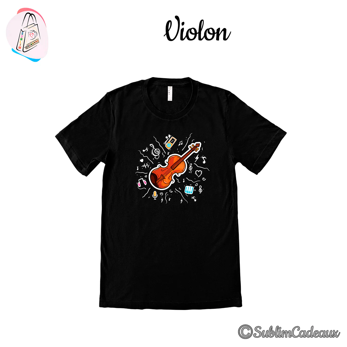 Tee-shirt noir imprimé d'un violon en bois orangé, cerné de notes de musique et de doodles colorés