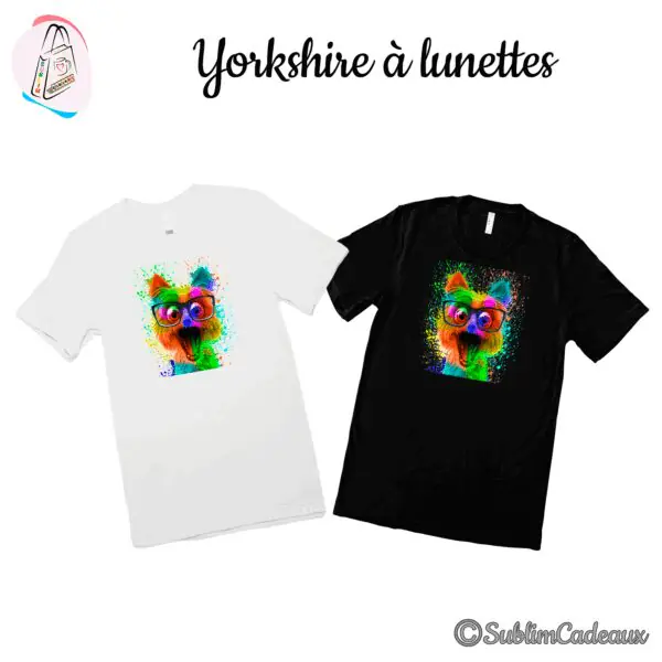 Tee-shirts blanc et noir imprimés d'un yorkshire multicolore à lunettes, gueule ouverte, effet éclaboussures néon