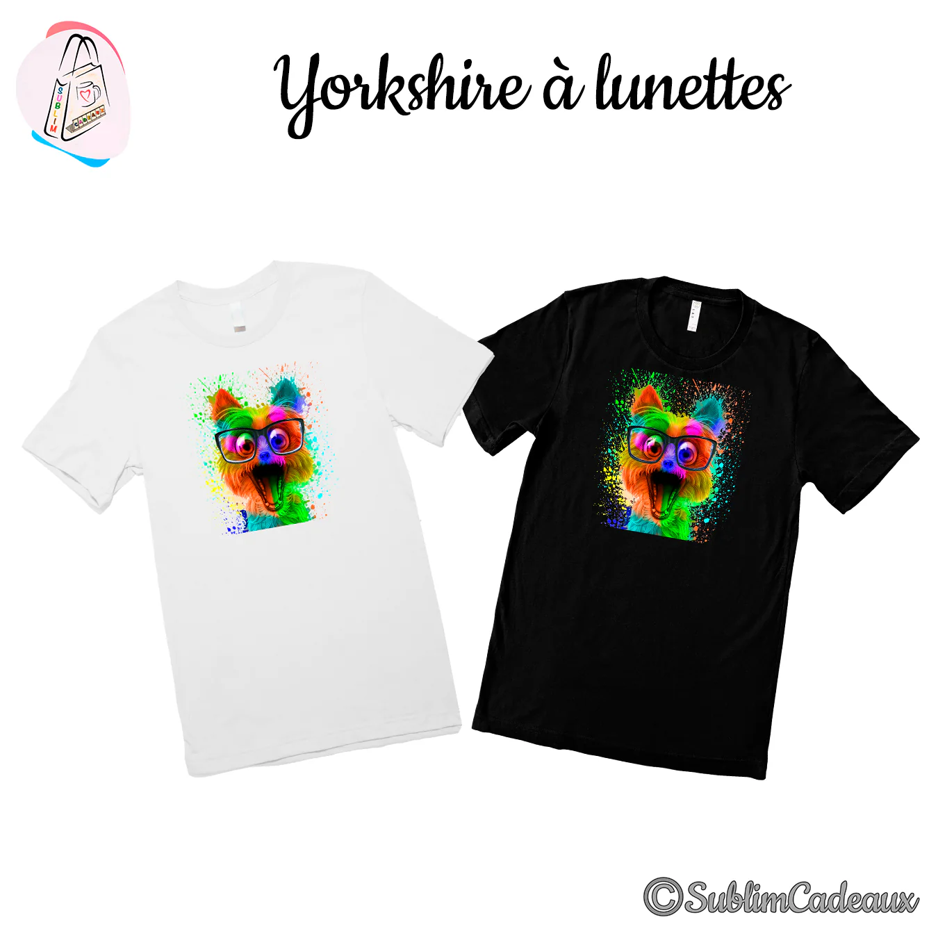 Tee-shirts blanc et noir imprimés d'un yorkshire multicolore à lunettes, gueule ouverte, effet éclaboussures néon