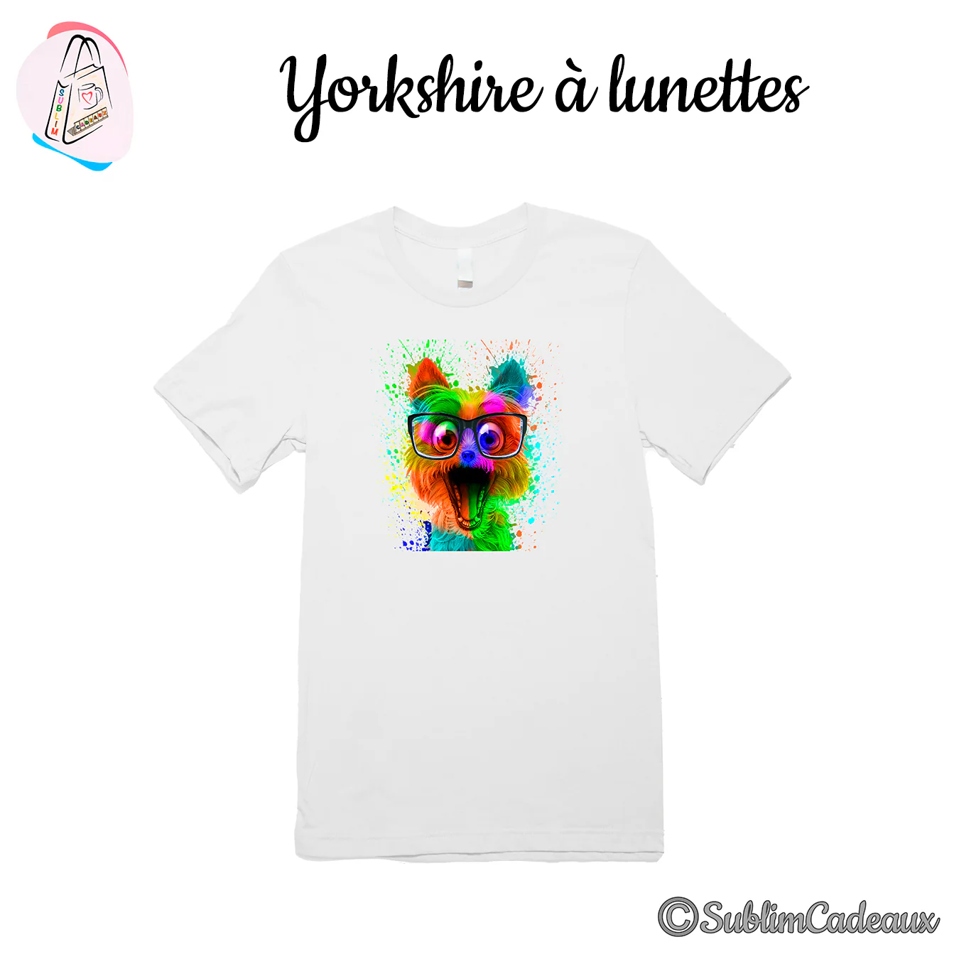 Tee-shirt blanc imprimé d'un yorkshire à lunettes aux couleurs vives, gueule ouverte, effet peinture éclaboussée